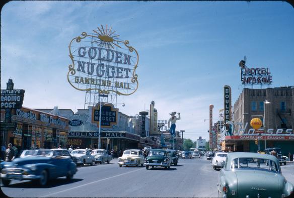 Downtown Las Vegas, 1952 The Golden Nugget sign and traffic on Fremont Street