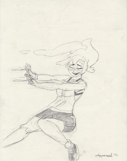 A ghost with an appearance of a young woman dancing, eyes closed, with a happy grin and a slight blush, sweat on her forehead, long hair flowing like smoke. She has a sleeveless white top, dark hike shorts and trainers, and glowsticks in her hands.