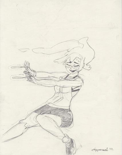 A ghost with an appearance of a young woman dancing, eyes closed, with a happy grin and a slight blush, sweat on her forehead, long hair flowing like smoke. She has a sleeveless white top, dark hike shorts and trainers, and glowsticks in her hands.