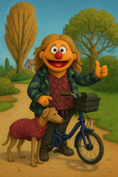 Me as ChatGPT Muppet in a park with a folding bike and my muppetized dog.