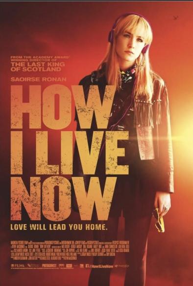 Saoirse Ronan on the poster for How I Live Now. She has long blonde hair, earphones, and attitude. Behind her is a red sky like an explosion.