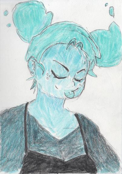 A ghost of a young woman is smiling happily with her eyes closed and tongue sticking out playfully. Her hair is on two large, circular buns. She is wearing a dark bra and a light, see-through shirt.