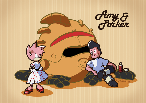 Amy and Porker with an STC Guardian Robot in the background. They're both in 1950s clothing; Amy's in a polka dot dress and Porker's wearing a white T-shirt with black jeans and engineer boots, with a cigarette packet under his shirt sleeve. Amy is looking angrily at Porker.