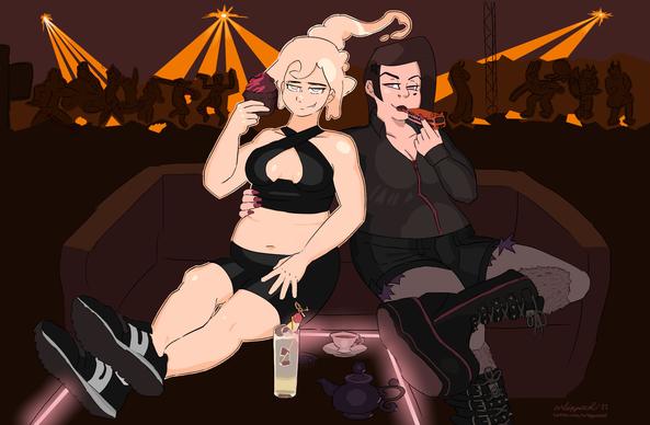 Two young women, one ghost and one goth witch, are sitting on a couch at a nightclub. The ghost has a ponytail, dark bikini and sneakers. She is holding a cupcake in her hand. The witch is wearing a collared shirt, jeans shorts, and ankle-high platform boots with straps. The witch is blowing a whistle which is modelled after Helsinki metro train M100 series car. The ghost has a round belly and fat thighs. She is resting her legs on a table which has neon lights on the edges. On the table there is a Tom Collings cocktail, a cup of tea, and a teapot. The ghost looks relaxed and satisfied, while the witch is winking playfully. At the backround, there are silhouettes of Monster Prom video game characters dancing.