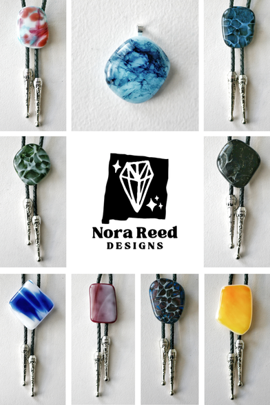 ad for nora reed designs with 8 bolo ties in different colors and patterns and one blue pendant with a sort of spiderweb-y pattern