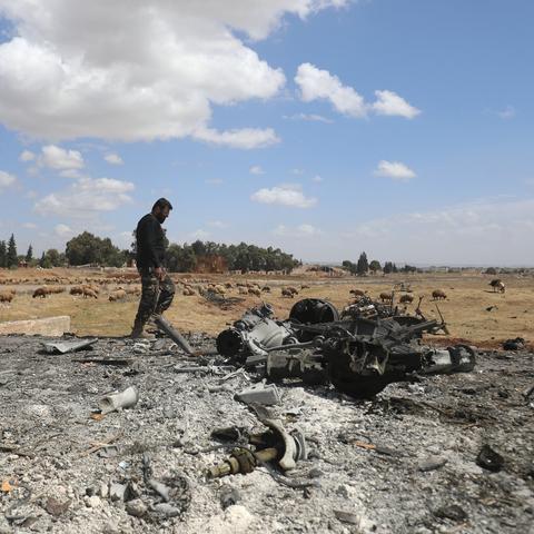 The site of an Israeli airstrike in the southern Hama governorate in Syria on Thursday.