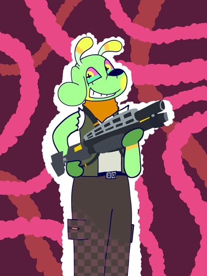 my fursona dressed like a fortnite default skin, a green anthropomorphic dog holding a shotgun