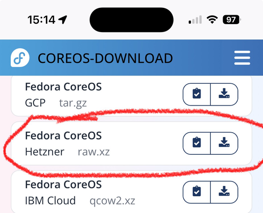 Download page showing Hetzner image as an option.