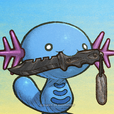 Digitally-handmade fanart portrait of a male Wooper Pokémon facing forward towards the right side of the image at a 3/4 angle holding onto a stealth knife in its mouth, on a blue-to-yellow gradient background.