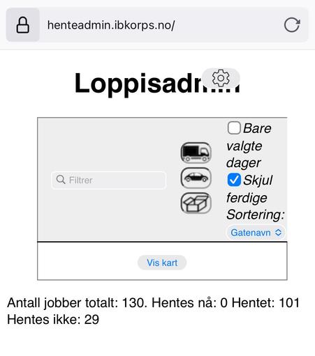 Skjermbilde fra nettside for å administrere henting av lopper. Viser at det var 130 jobber totalt, 101 er henta og 29 hentes ikke.