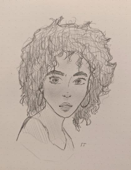 sketch portrait of frizzy haired woman
