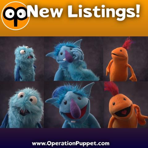Six images of three puppets, a blue live hands ogre flamed by an orange fleece Smol and a furry blue Smol