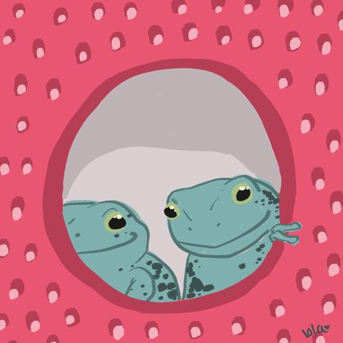 Digital drawing of two frogs, peeking through a little enclosure shaped as a strawberry.