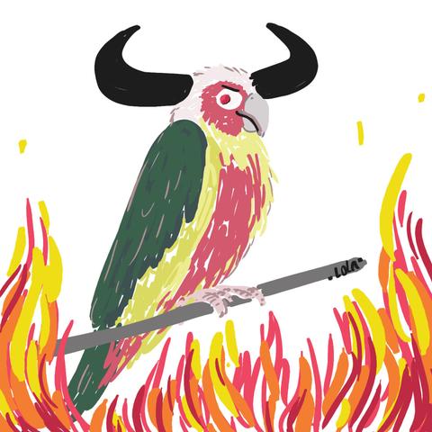 Digital drawing of a parrot with horns and flames in the background.