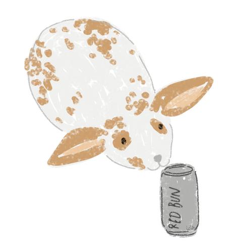 Digital drawing of a white and brown bunny sniffing a small can of energy drink