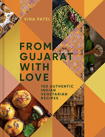 Orange diamond patterned cover, pics of food, black text.