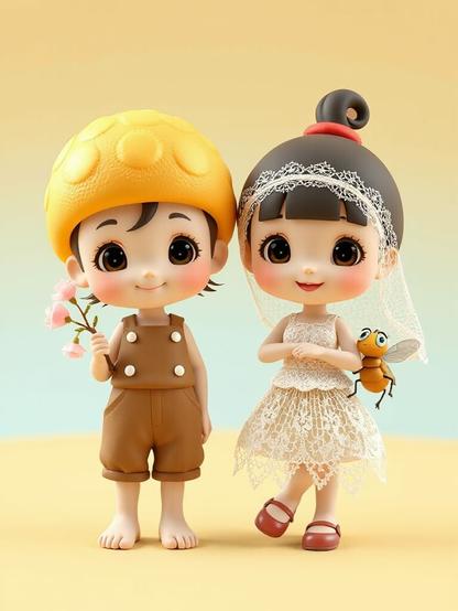 ②«#aiart Generated by ideogramai »
(Cute, quirky cartoon illustration in the style of Sanrio characters, featuring two contrasting Mushroom Princesses side by side), 3D rendering :Morel the Mushroom: A cheerful girl with a honeycomb-textured head, wearing brown overalls, holding a cherry blossom branch, with a breezy spring vibe.Kinugasatake-hime: An elegant princess in a white lace dress with a delicate mesh veil inspired by the lace-cap mushroom, accompanied by a tiny, stylized a horsefly companion with a sleek, cartoonish design (no armor, just a cute, simplified fly with big eyes).