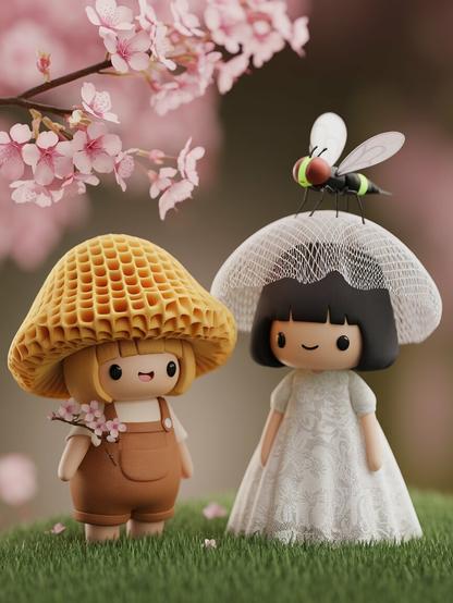 ③«Generated by nightcafestudio»
Cute, quirky cartoon illustration in the style of Sanrio characters, featuring two contrasting Mushroom Princesses side by side(3D rendering): Morel the Mushroom: A cheerful girl with a honeycomb-textured head, wearing brown overalls, holding a cherry blossom branch, with a breezy spring vibe.Kinugasatake-hime: An elegant princess in a white lace dress with a delicate mesh veil inspired by the lace-cap mushroom, accompanied by a tiny, stylized horsefly companion with a sleek, cartoonish design (no armor, just a cute, simplified fly with big eyes).