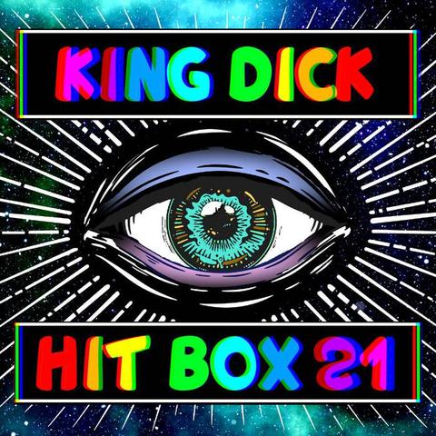The psychedelic front cover of King Dick's Hit Box 21 - an eye in the middle, with lines radiating outwards, and colorful lettering