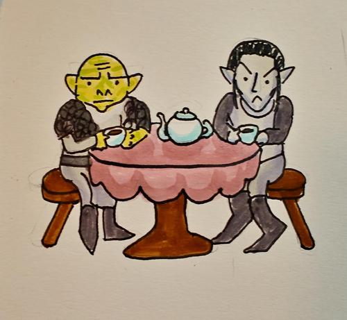 Drawing of an orc and Adar sitting at a nice little table with a pink table cloth and a teapot, the orc and Adar have teacups.