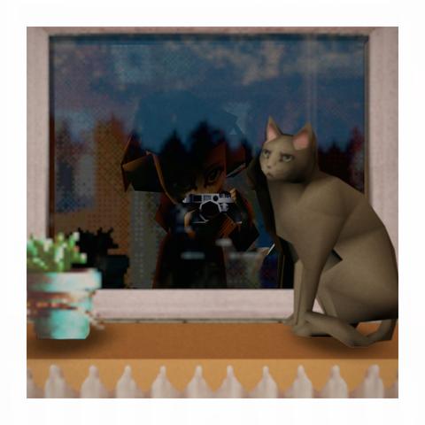 A retro 3D scene consisting of: a room window, with a cat sitting on the windowsill, across from a plant. pageofmoths can be seen in the reflection, taking the picture with a retro-style rangefinder camera.