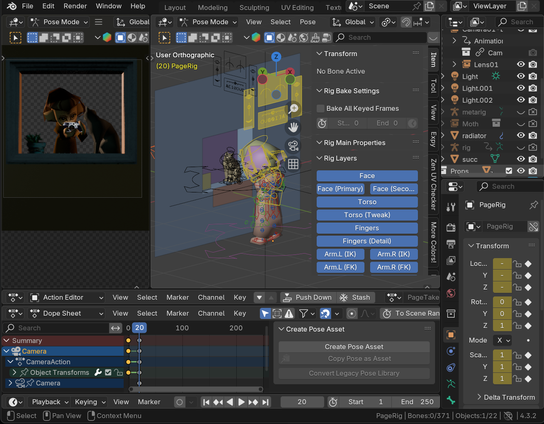 The window scene open in Blender. The Page rig is selected, showing the usual Rigify controls, along with some custom ones. A preview pane shows the rendered scene, but it only shows what's rendered in the reflection of the window, not what's in front.
