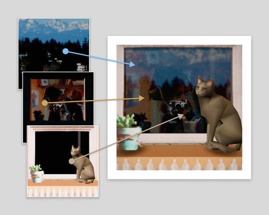 The picture broken down into the background layer, the window reflectino, and the foreground layer.
