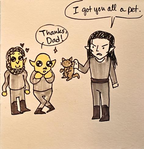 Adar holding a cat by its scruff, he is saying "I got you all a pet." Two orcs have big shiny happy eyes and one says "Thanks, dad!"