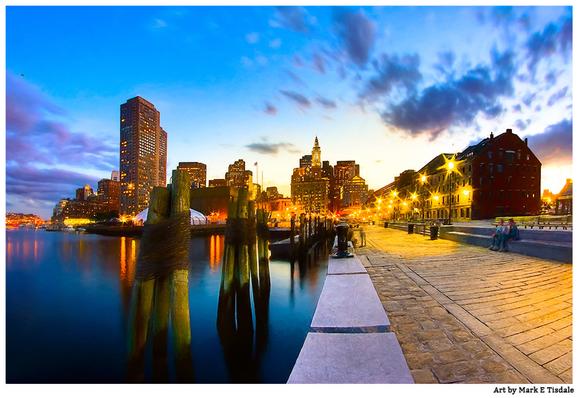 Digital art depicting the Boston skyline at sunset, viewed from Long Wharf. The sky is a mix of deep blue and golden hues, with scattered clouds. City lights glow as they reflect on the calm harbor waters to viewer's left and a the stone wharf on the right leads toward the illuminated buildings.