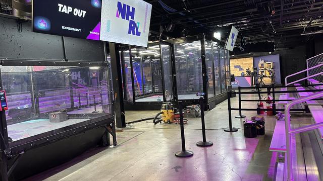 The robot fighting cages at NHRL, with all sorts of tools and robots sitting around as we prep our facility for Saturday’s event. The host desk is visible in the background.