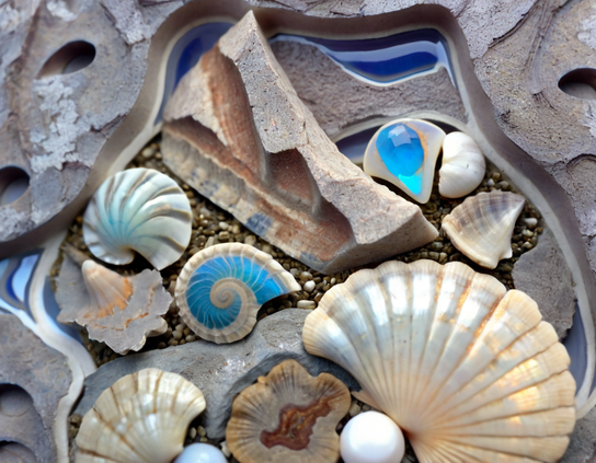 Collection of unique and striking shells and gemstones in shades of blue, ivory, and beige nestled in a dry pocket of a natural rock tide pool.