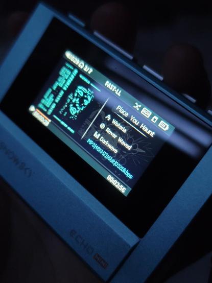 photo of a digital audio player- the snowsky echo mini. It is designed after a cassette, with a small screen on the side.