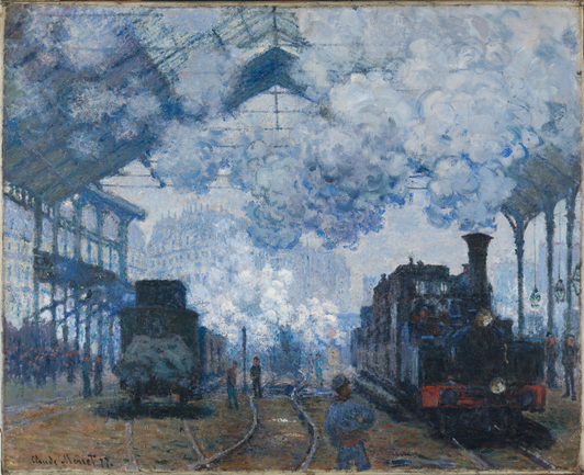 An Impressionist painting. We're standing in a vast train station. To the right, a train is arrived, the clouds of steam/smoke filling the vast area. Several figures are standing, watching it come in. To the left, a train car stands on the tracks, and to the far left we can see a crowd milling about. The canvas is dominated by blues, with some touches of other colors.