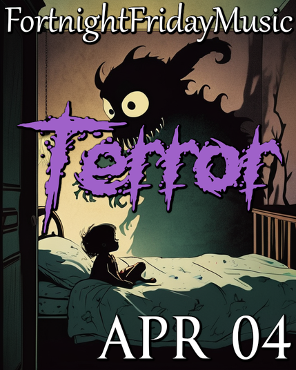 Shadow of a goofy looking monster on the wall behind a child getting ready for bed:

At the top is the group: FortnightFridayMusic
At the bottom is the date: Apr 04
In the middle is the theme: Terror