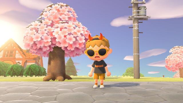Animal crossing avatar con un árbol sakura