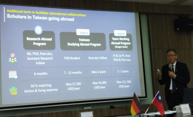 A colleague from Academia Sinica presenting on exchange programs, here opportunities for Taiwanese colleagues wanting to go abroad.