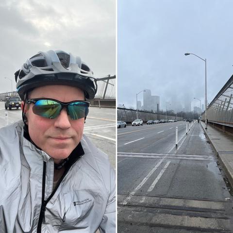 Photo photos, one of me in bike helmet and light grey jacket and sunglasses, the other photo of the Prince Edward Viaduct in Toronto all wet and downtown Toronto concealed by fog in the distance.
