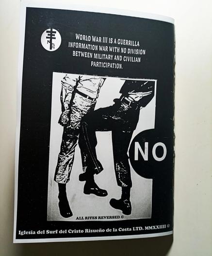 The back cover of Vive La Resistance zine. Someone is kneeing a nazi in the groin with big letters NO. Resistance International sigil is in upper left corner. 

It reads WORLD WAR II IS A GUERRILLA
INFORMATION WAR WITH NO DIVISION
BETWEEN MILITARY AND CIVILIAN
PARTICIPATION.