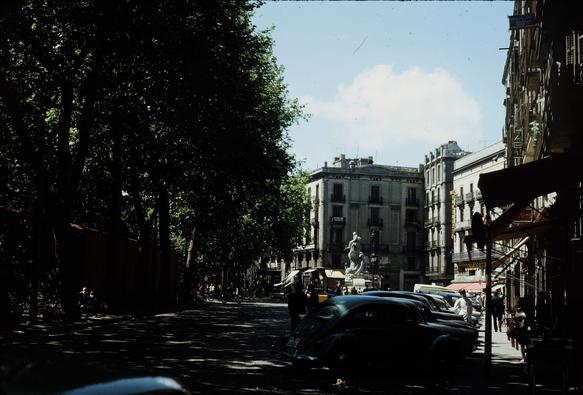 A tree lined street. At the end is a statue of a man sitting. Near the statue is the Hostel Marco. There are some cars parked in the shade in the foreground.