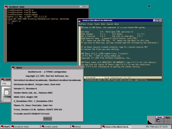 Screenshot of Red Hat Linux 5 with Emacs 20.2.1 running and Python 1.4 running in the terminal.