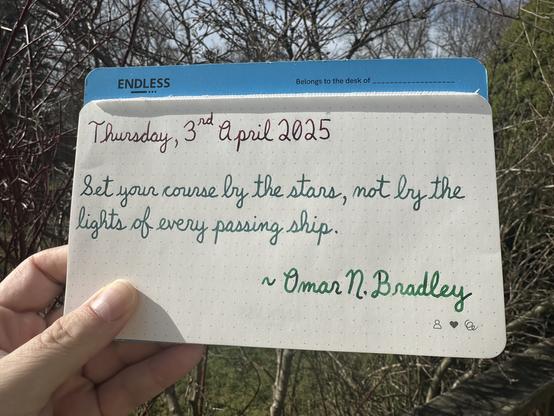 A pen quote of Omar N. Bradley that reads, “Set your course by the stars, not by the lights of every passing ship.”

Written using Dominant Industry inks: Ginger Chicken & Chicken in the Sky with Diamonds, along with Montblanc Irish Green.