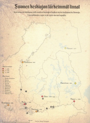 Suomen alueen kartta, johon on merkitty linnaläänien rajat 1500-luvun lopulta ja Suomen keskiajan tärkeimmät linnat.