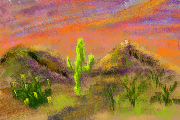 Quick pencil stroke of cactus and flowering foliage against a darkening desert backdrop, with orange lights and purple shadows throughout