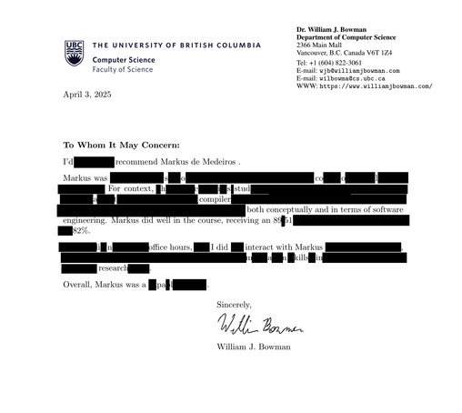 A heavily redacted, generic letter of recommendation from William Bowman (UBC). The un-redacted text is described in the post.