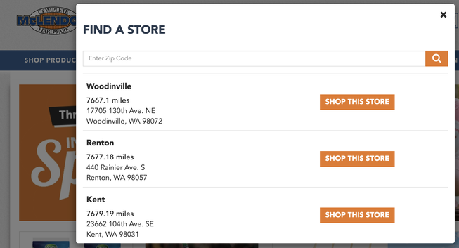 McLendon's Hardware website, "FIND A STORE" page. The closest store location listed is Woodinville, Washington, at 7667.1 miles away. The second closest is Renton, at 7677.18 miles away.