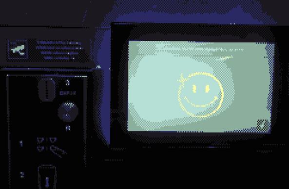 A stylized low-res photo of a vending machine with a smiley face on the screen and a security camera icon next to the coin slot to the side. With a dark and somewhat ominous palette. Made on a Fairphone 3.