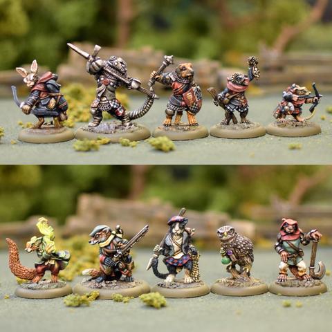 We have two pictures containing five 28mm miniatures each. The top one is a royalist band containing, from left to right, an archer rabbit, an otter knight, a Yorkshire Terrier knight, a hedgehog magic user and a mouse archer. The bottom one is a rogue band containing, from left to right a squirrel magic user, a fox hunter, 
a cat hunter,  a little owl rogue and a weasel warrioress.