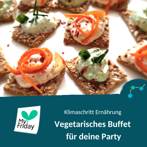 Foto: Häppchen auf einem Buffet. Text: Klimaschritt Ernährung. Vegetarisches Buffet für deine Party. Logo: My Friday.
