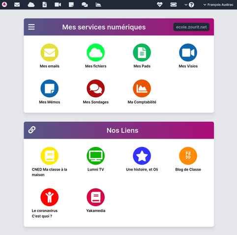 Interface d'accueil de Zourit avec ses outils de mail, cloud, pads, visio et l'icone "Comptabilité".