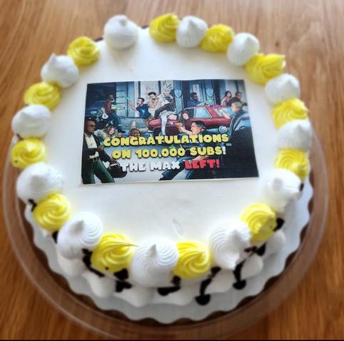 Cake with artwork of the online left by the Letterhack 
Congratulations to Lance of the Serfs on 100k subs!